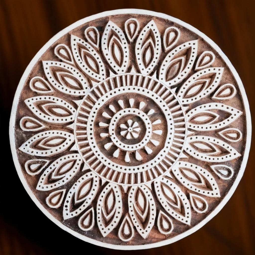 Flower Geometry Wood Stamp, Block Print for Clay, Soap, Textile (7.75")