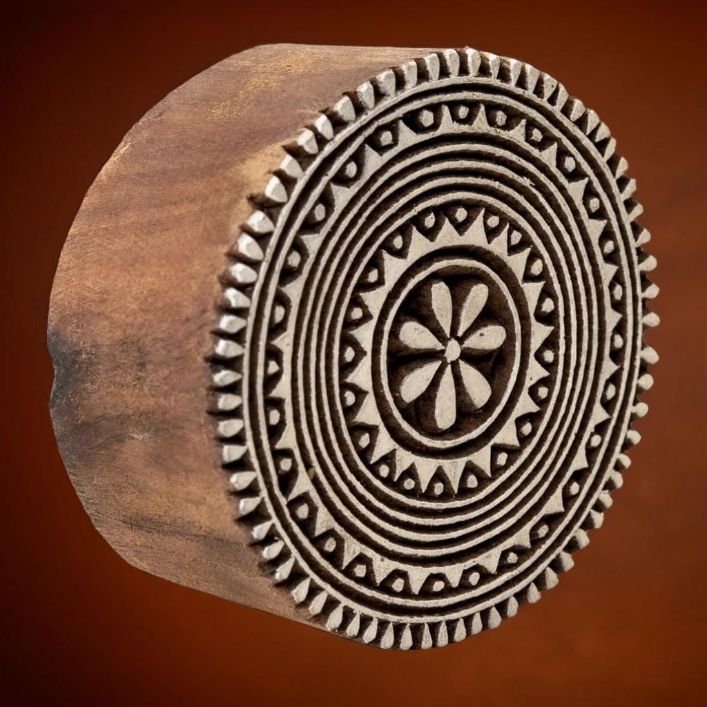 Floral Indian Wood Block Stamp, Pottery Textile Print (3 inch)