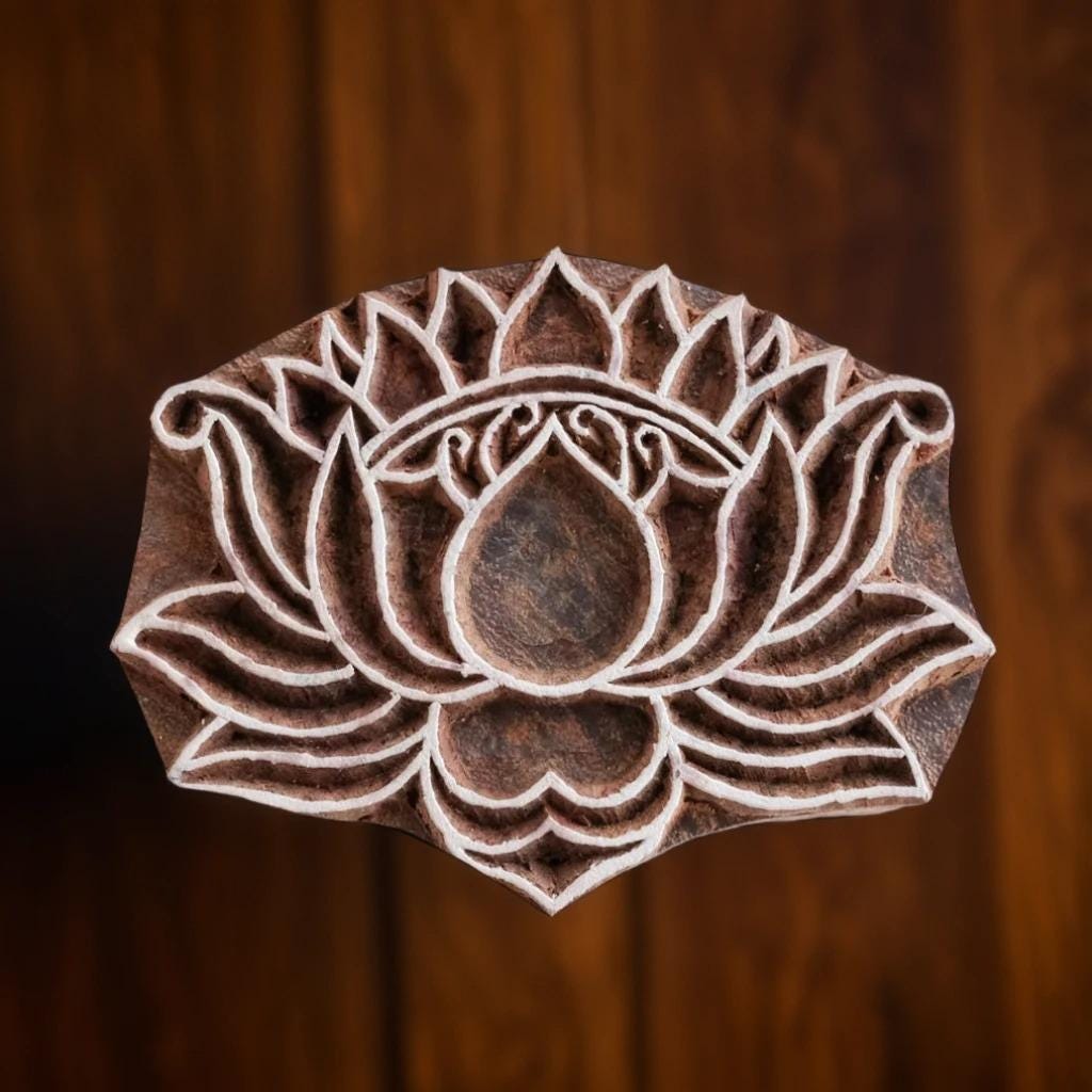 Lotus Pottery Stamp, Hand Carved Indian Wood Block Print (3x2.25")