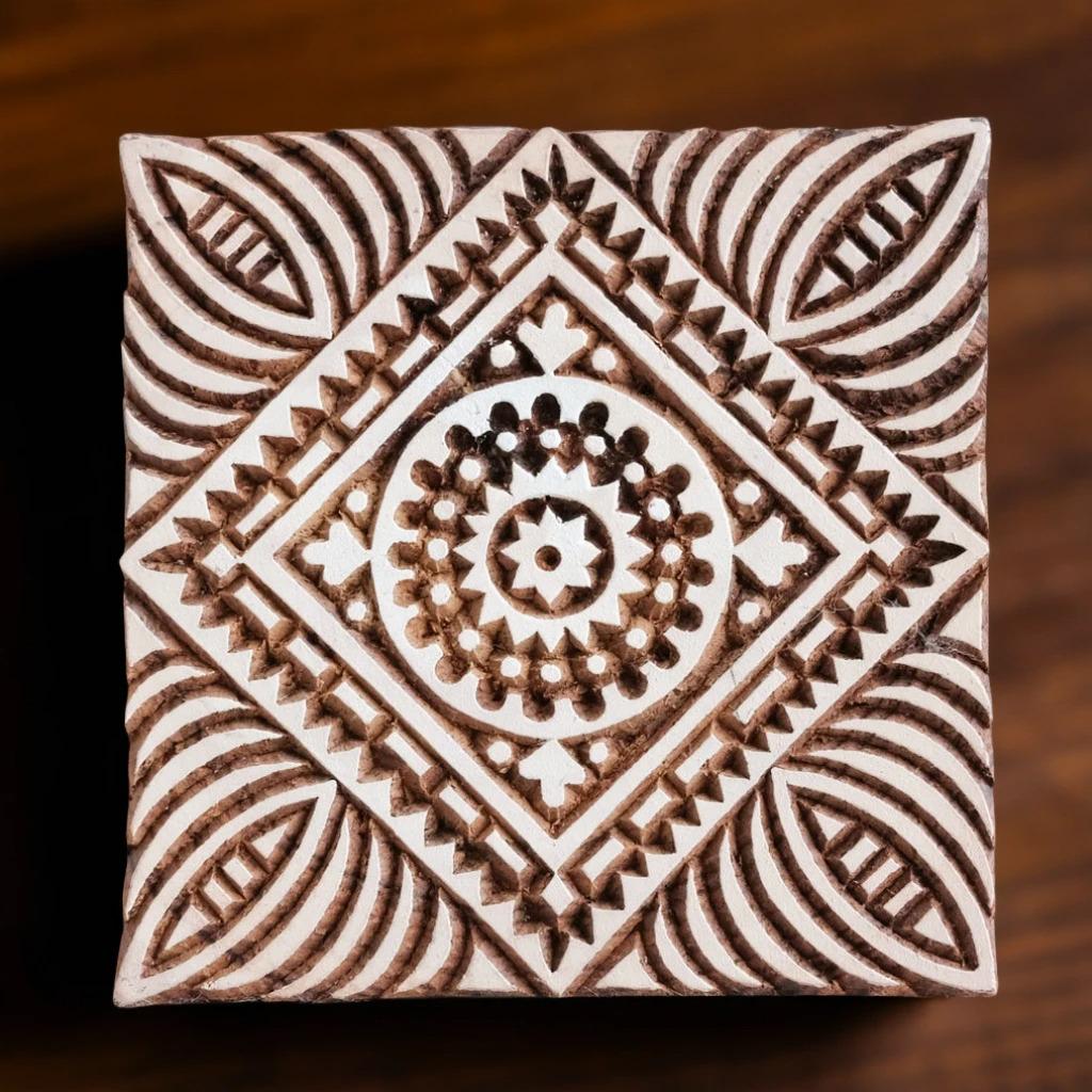 Sacred Geometry Indian Wood Block Stamp, Pottery Textile Printing (4"x4")
