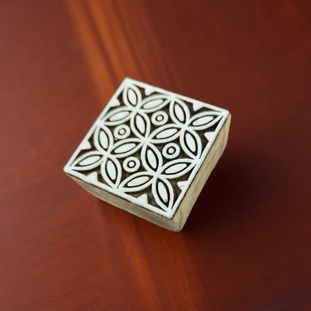 Hand Carved Indian Wood Block Stamp, Floral Tile (5cm)