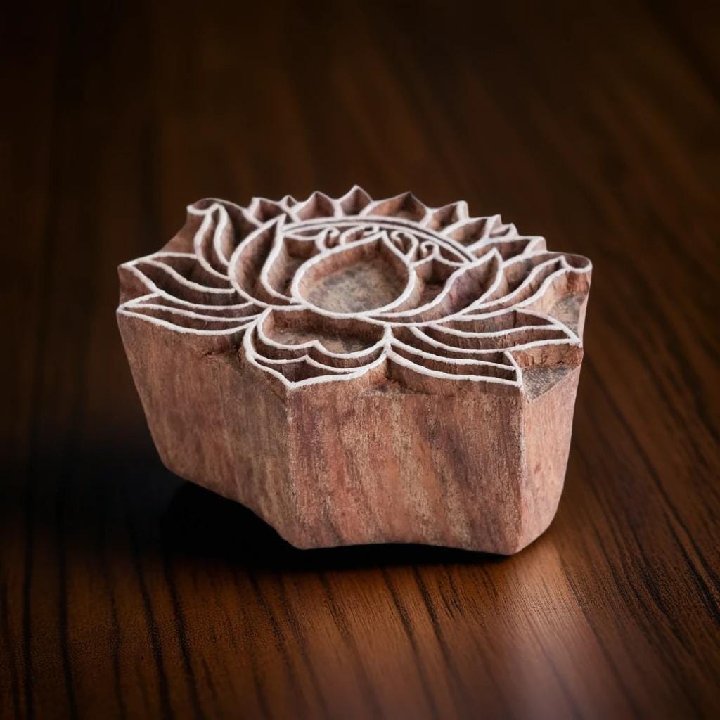 Lotus Pottery Stamp, Hand Carved Indian Wood Block Print (3x2.25")