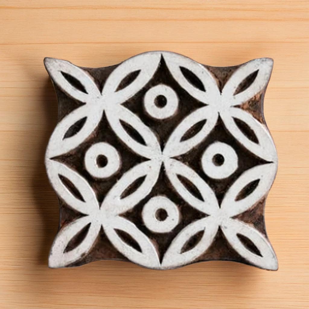 Hand Carved Indian Wood Stamp, Floral Block Print (3x3")