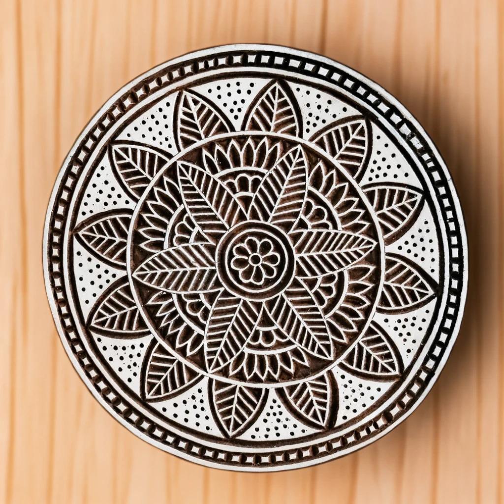 Botanical Mandala Wood Stamp, Hand Carved Clay Block Print (8x8")