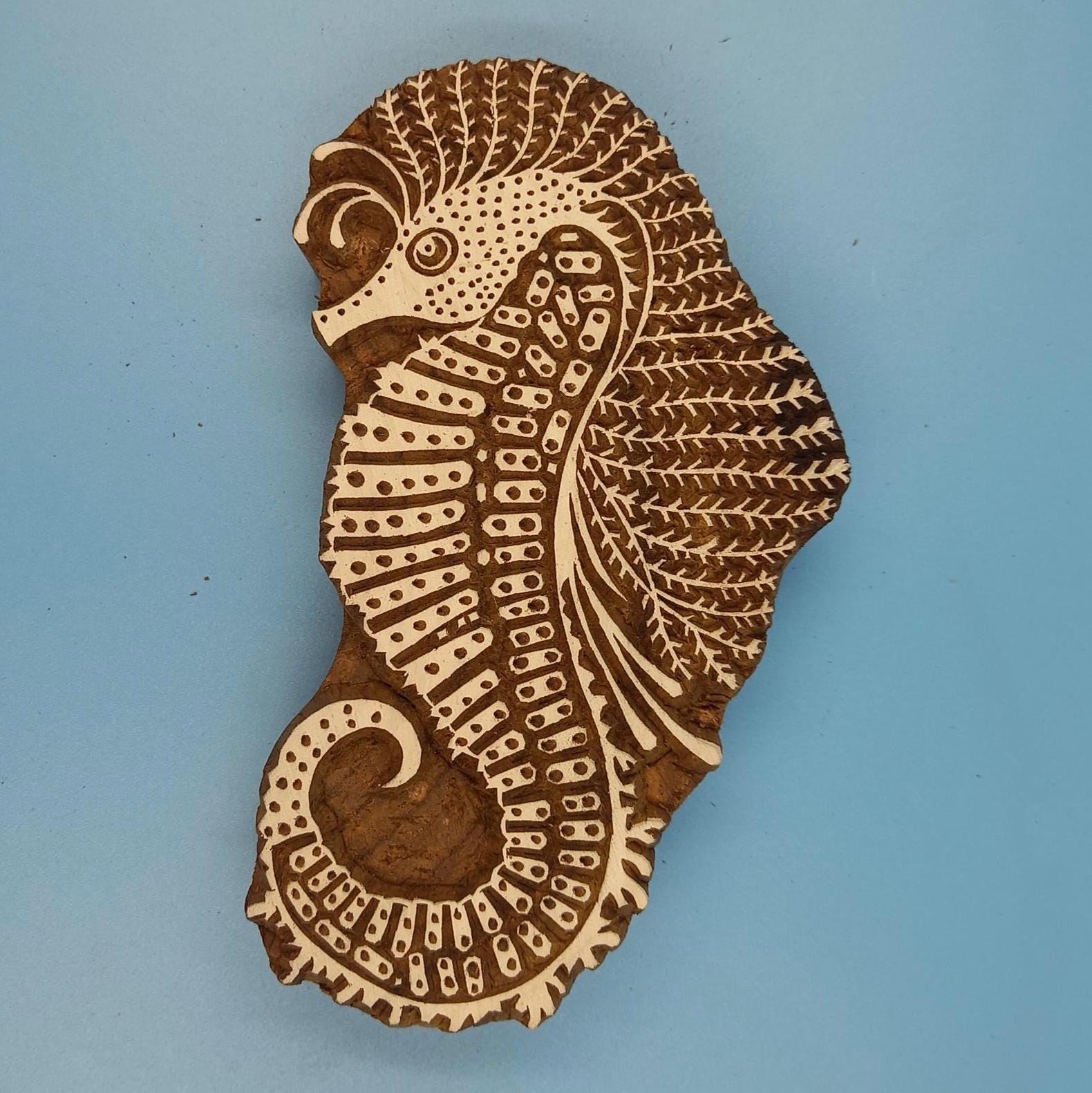 Detailed Seahorse Wooden Printing Block Pottery Stamp, Batik Tjaps, Blaudruck stempel