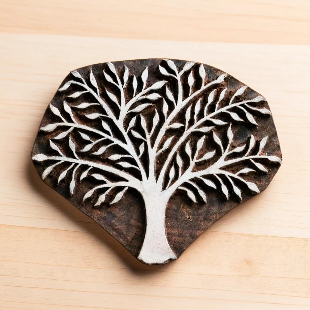 Hand Carved Indian Wood Stamp, Whimsical Tree Design (4x3.5in)