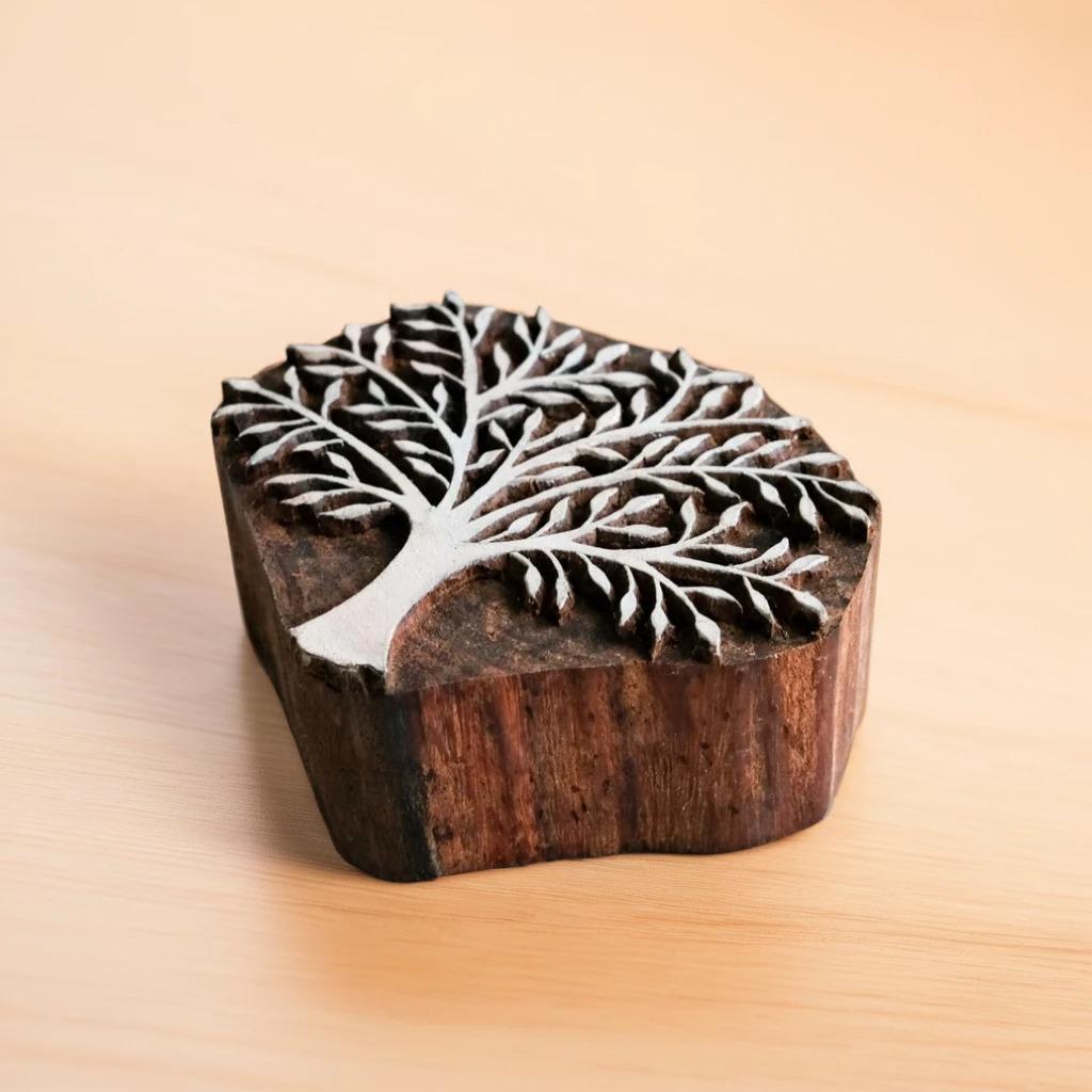 Hand Carved Indian Wood Stamp, Whimsical Tree Design (4x3.5in)