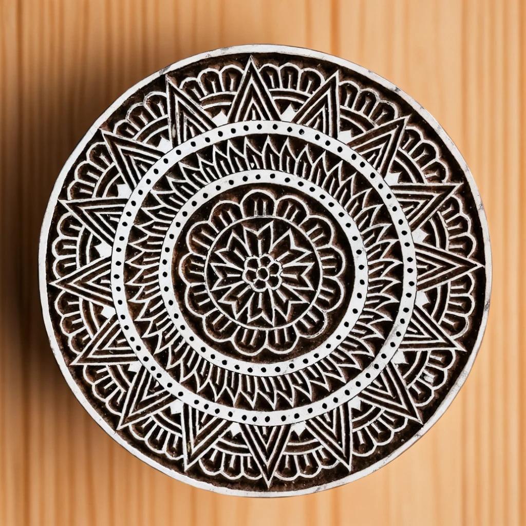 Hand Carved Indian Wood Block Print Stamp, Marigold Design (6"x6")