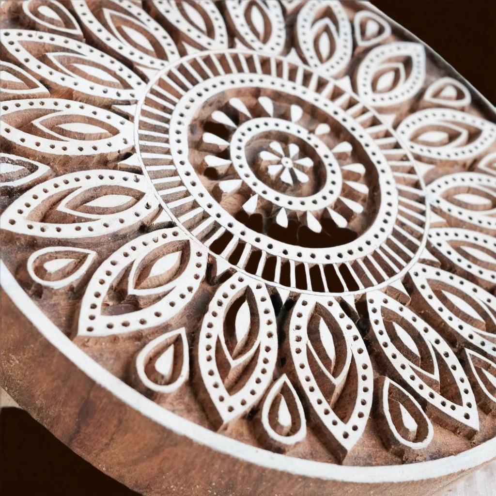 Flower Geometry Wood Stamp, Block Print for Clay, Soap, Textile (7.75")