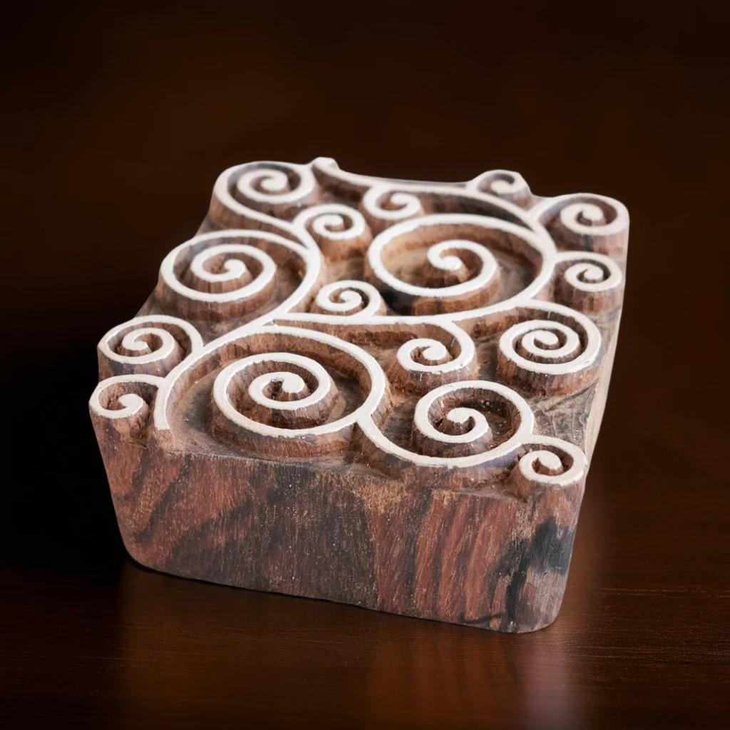 Indian Wood Stamp, Swirled Vine Print, Batik Block (3x3.5")