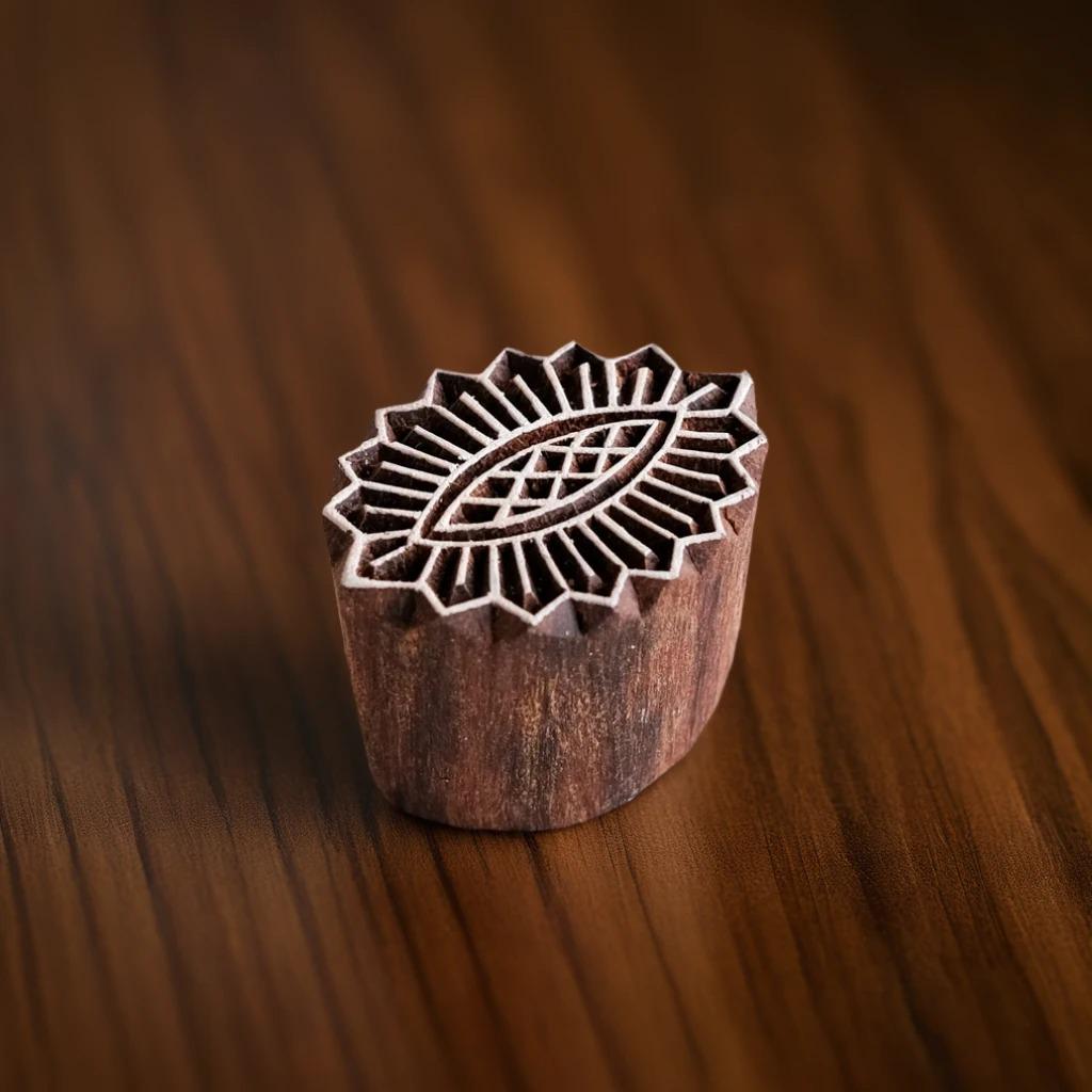 Hand Carved Indian Wood Block Stamp, Oval Flower