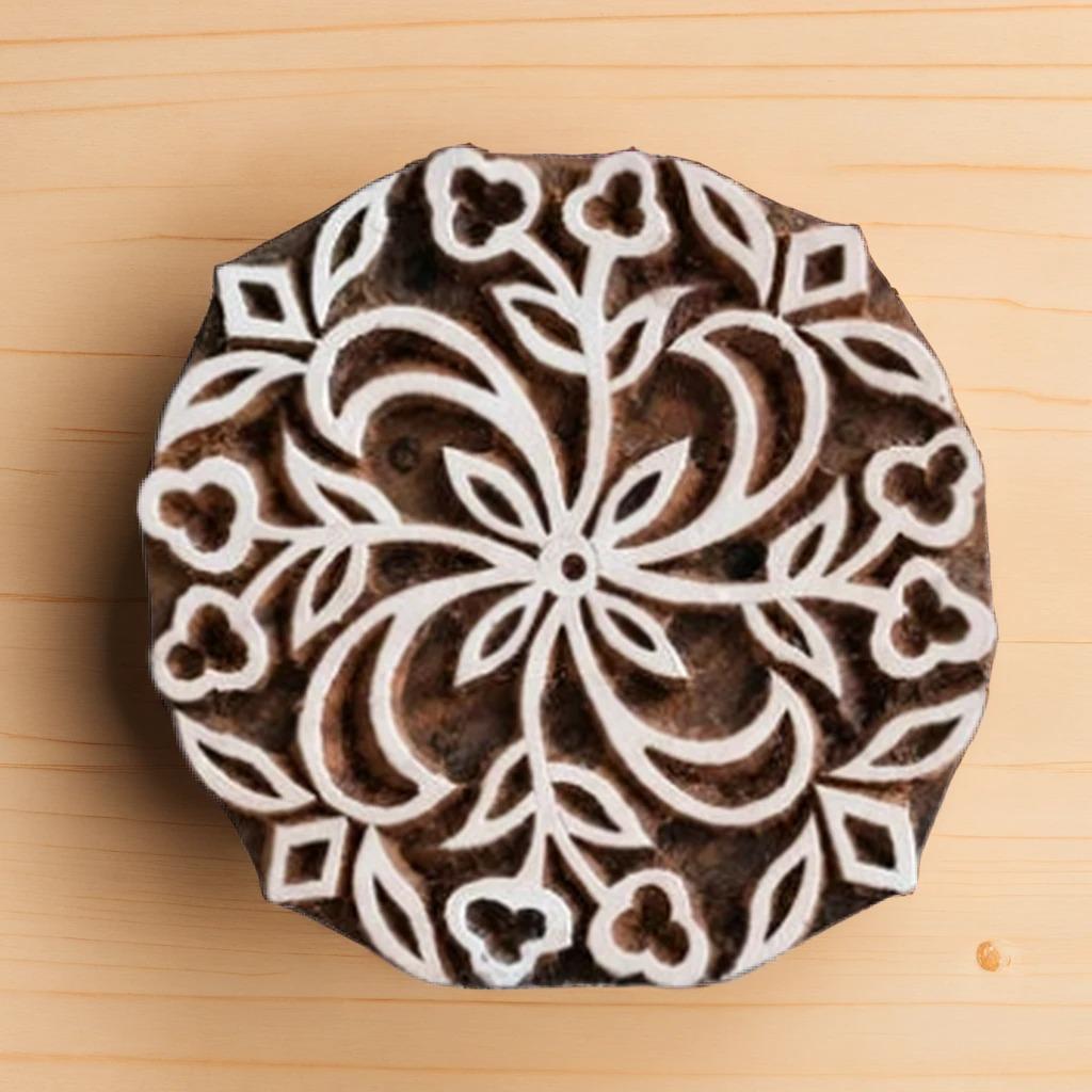 Floral Indian Wood Block Stamp, Textile Pottery Printing (3.5" x 3.5")