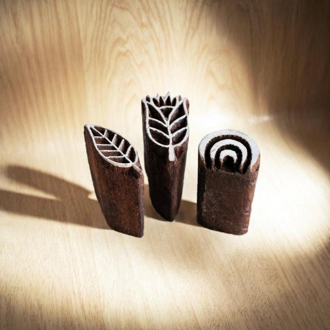Teak Wood Block Printing Stamps – Set of 3, Indian Tjaps