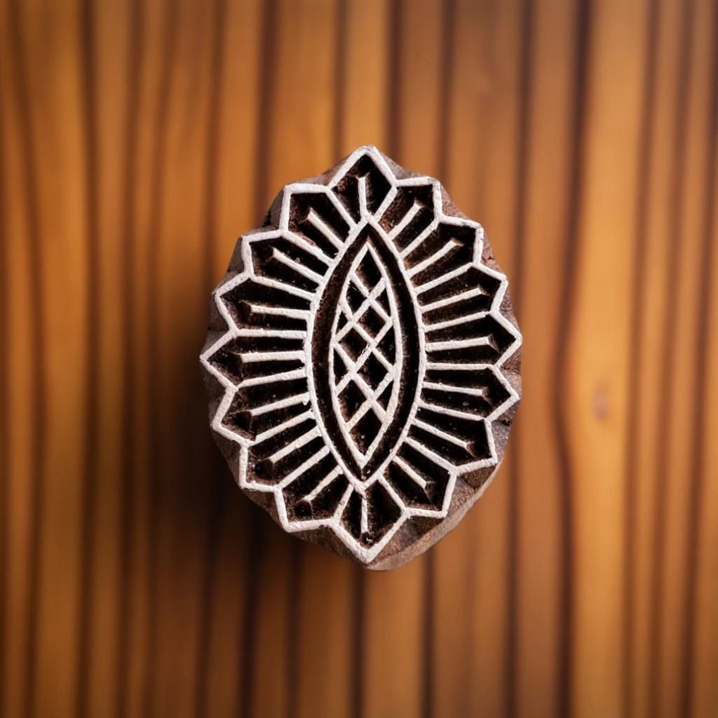 Hand Carved Indian Wood Block Stamp, Oval Flower