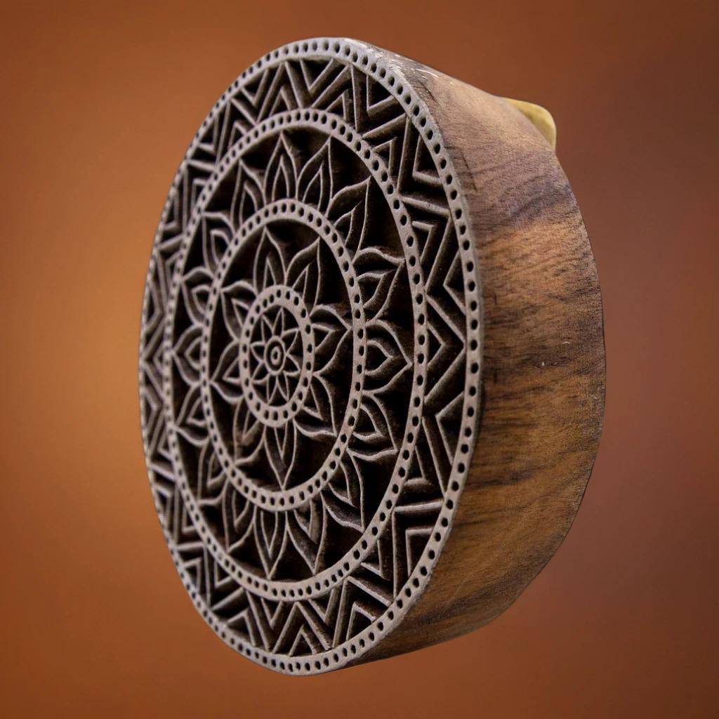 Hand Carved Radiating Mandala Wood Stamp, Block Print (6in)