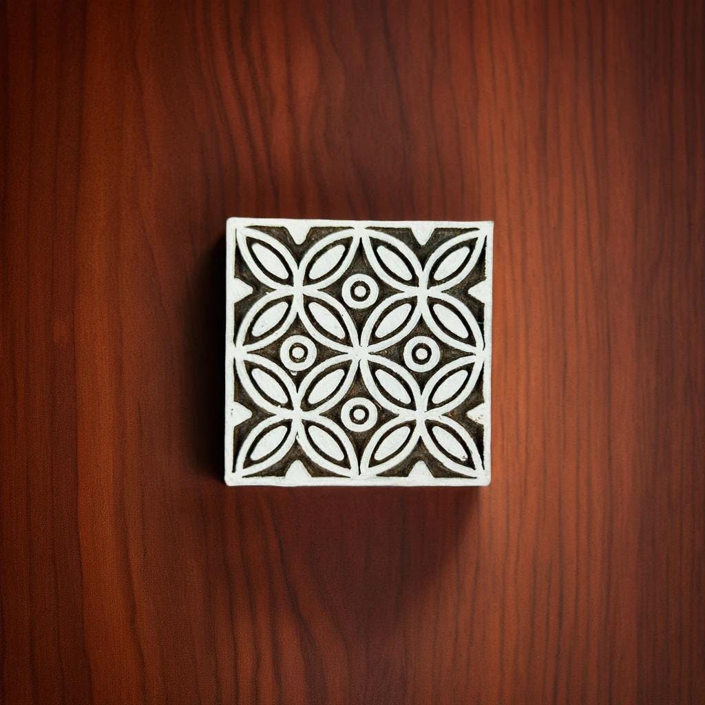 Hand Carved Indian Wood Block Stamp, Floral Tile (5cm)