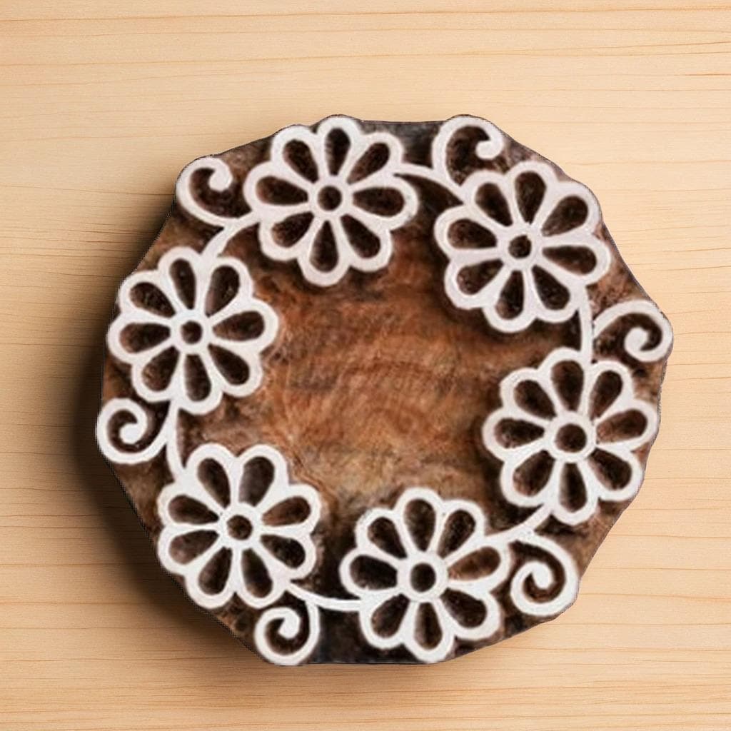 Hand Carved Indian Wood Stamp, Daisy Chain Blockprint (4"x4")