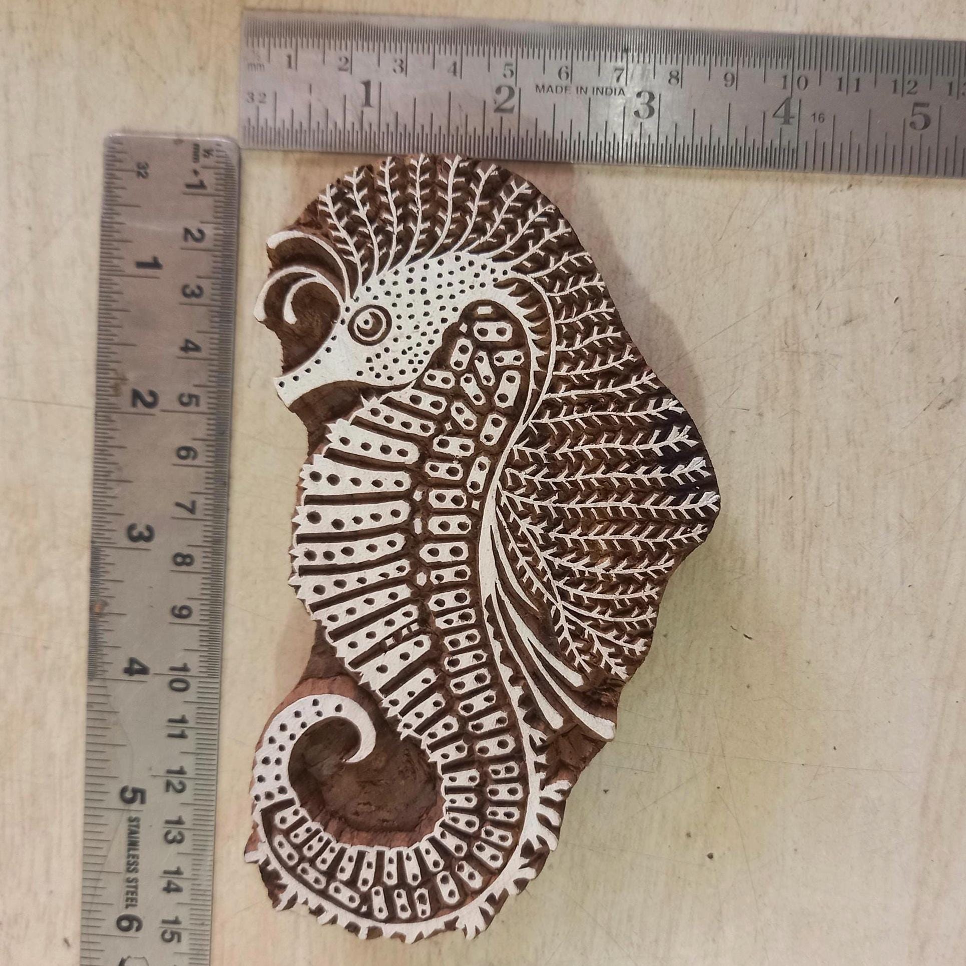 Detailed Seahorse Wooden Printing Block Pottery Stamp, Batik Tjaps, Blaudruck stempel