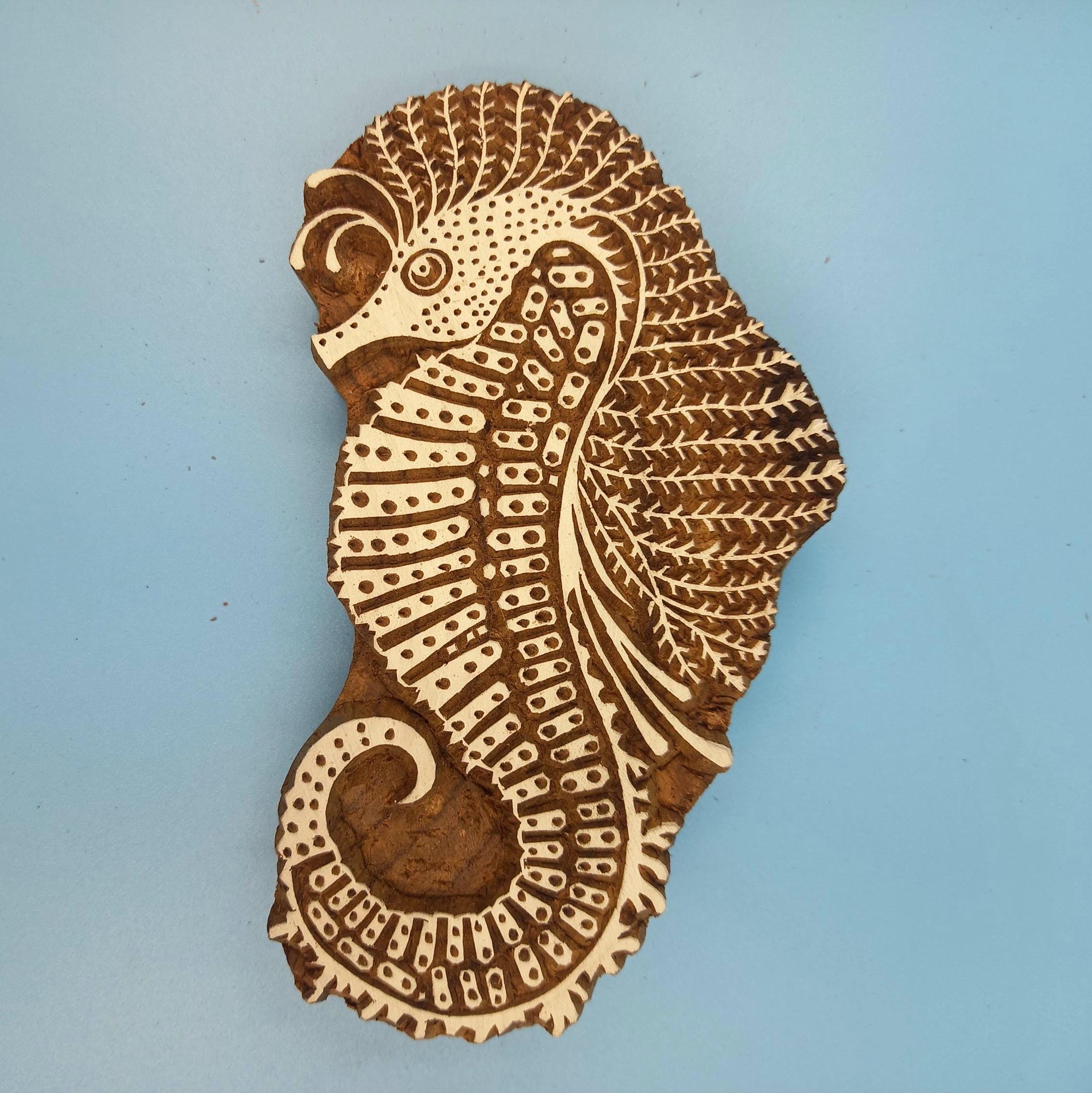 Detailed Seahorse Wooden Printing Block Pottery Stamp, Batik Tjaps, Blaudruck stempel