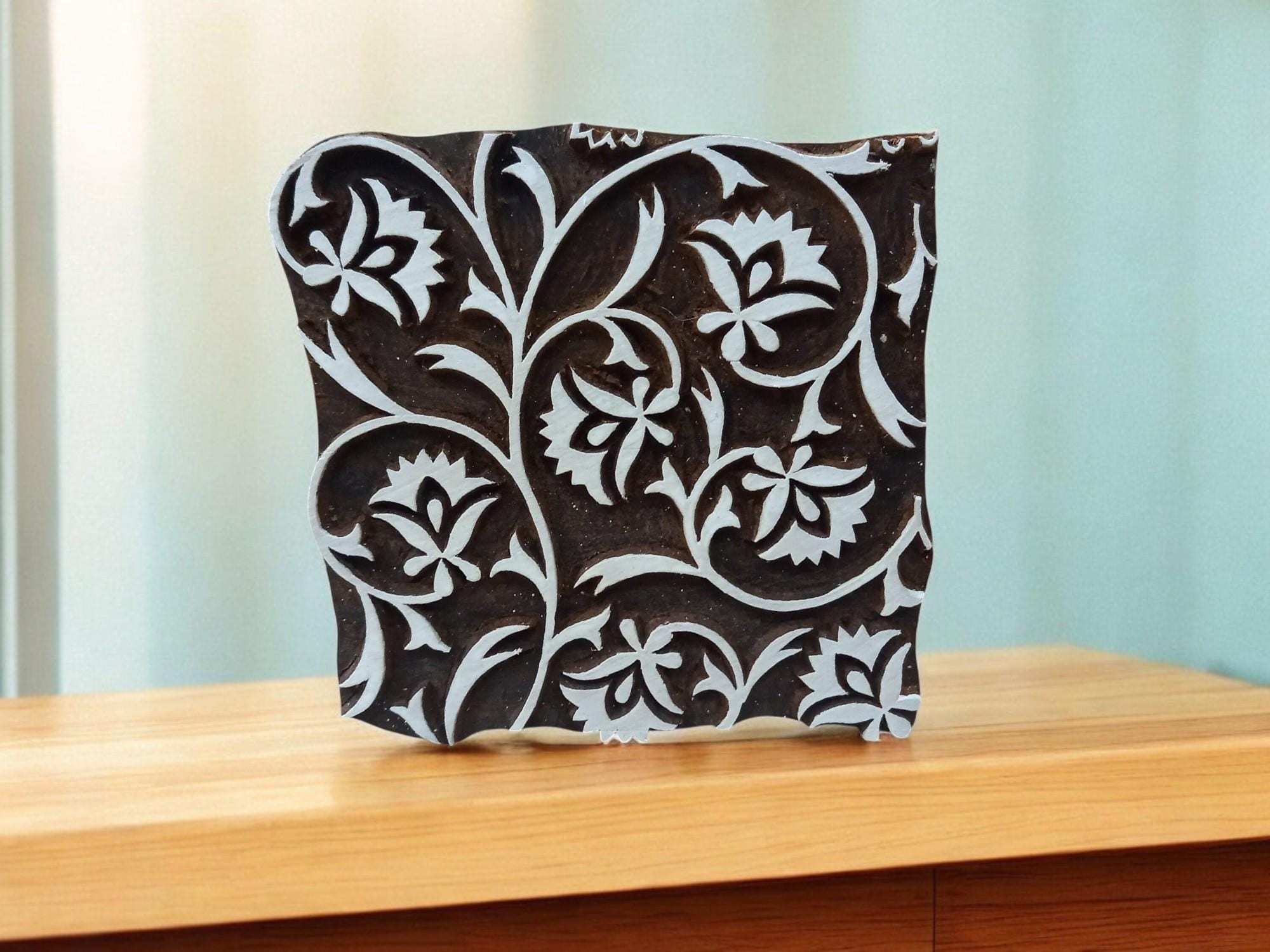 Floral Carved Indian Wood Block Stamp, Pottery Printing, 10cm