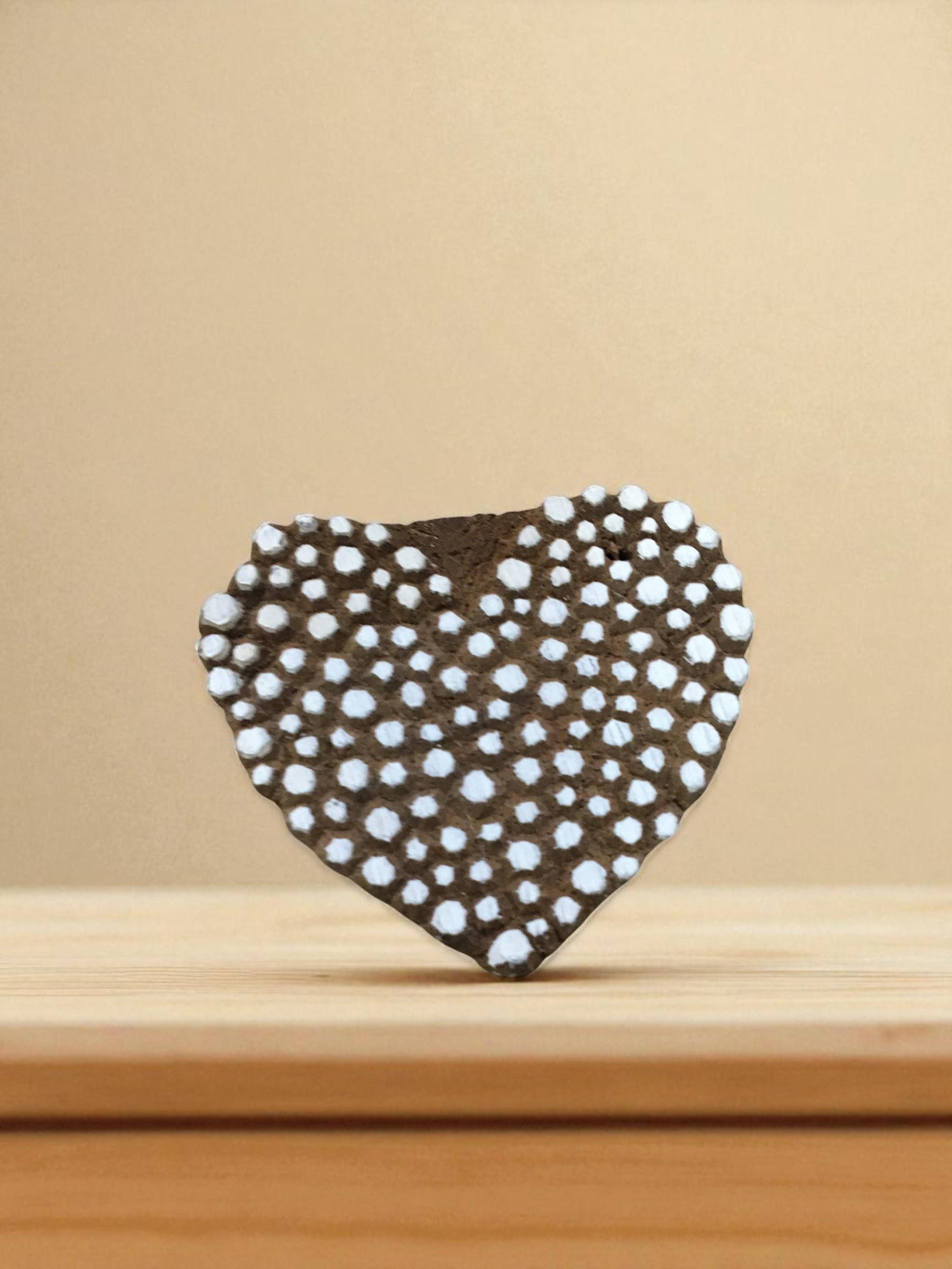 Hand Carved Dotty Heart Wood Stamp, Indian Textile Printing Block