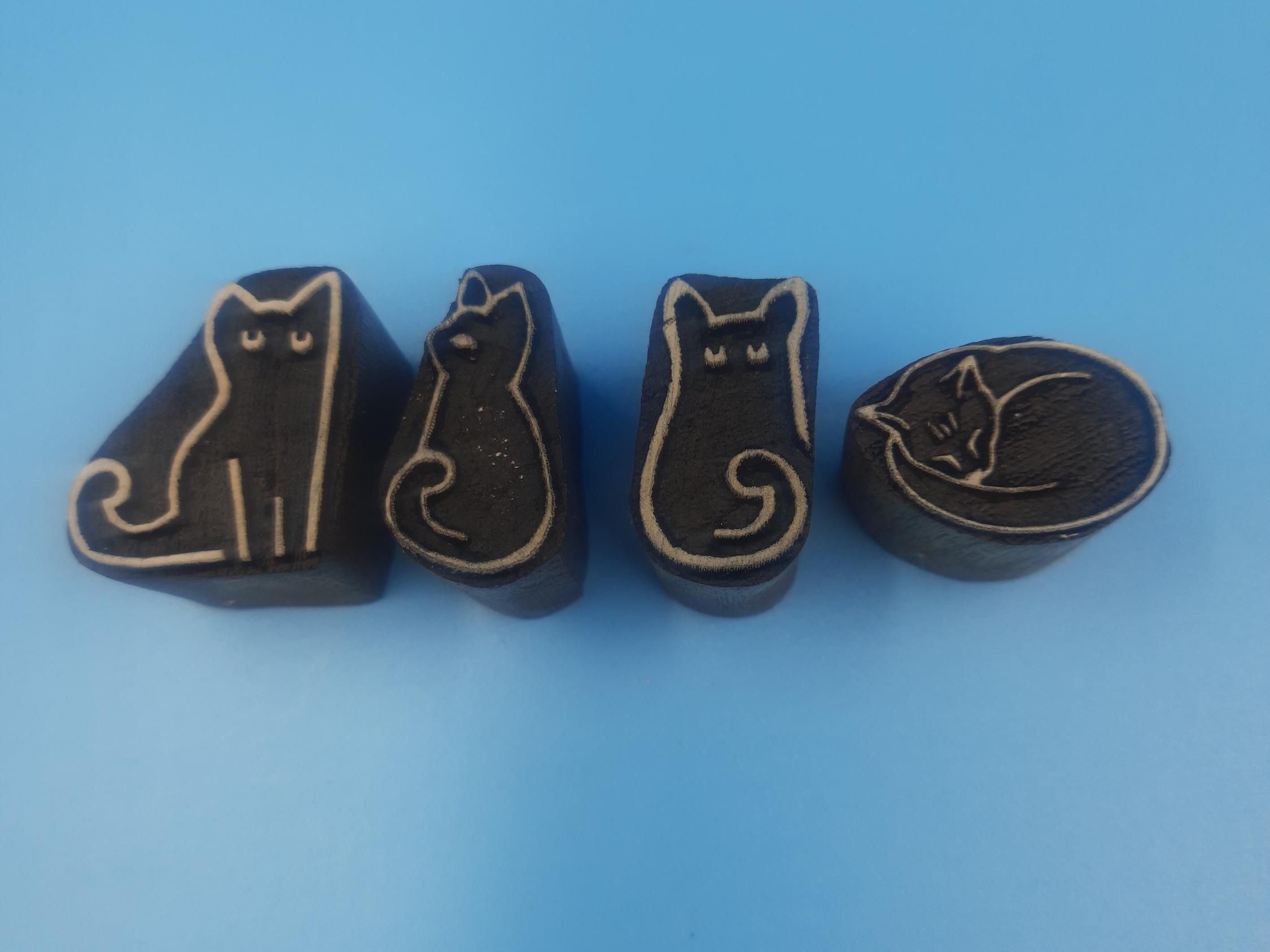 Cat Family Wooden Printing Block Pottery Stamp, Batik Tjaps, Blaudruck stempel