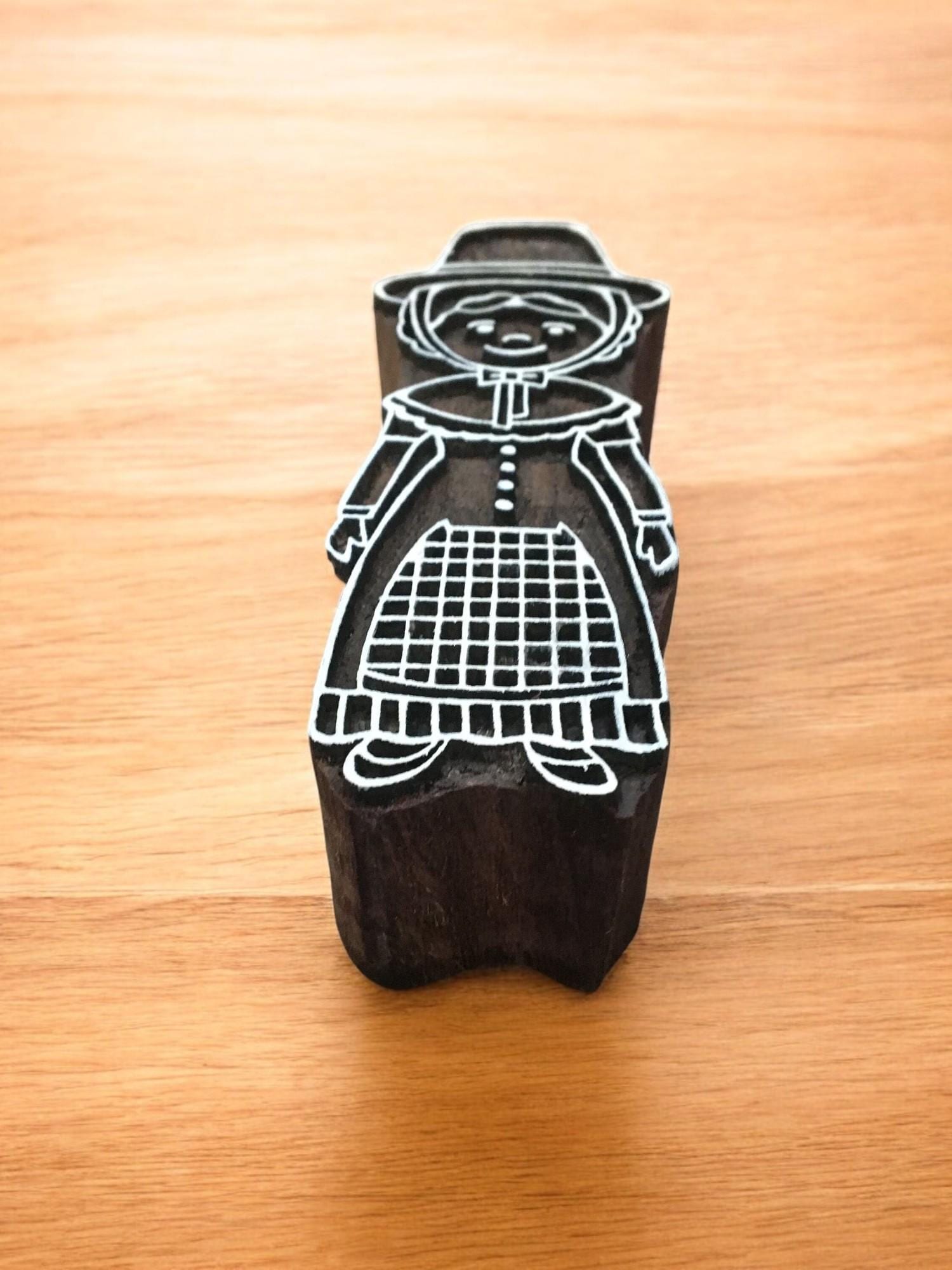 Comic Welsh Lady, hand carved Indian wood printing block; textile stamp; pottery stamp,