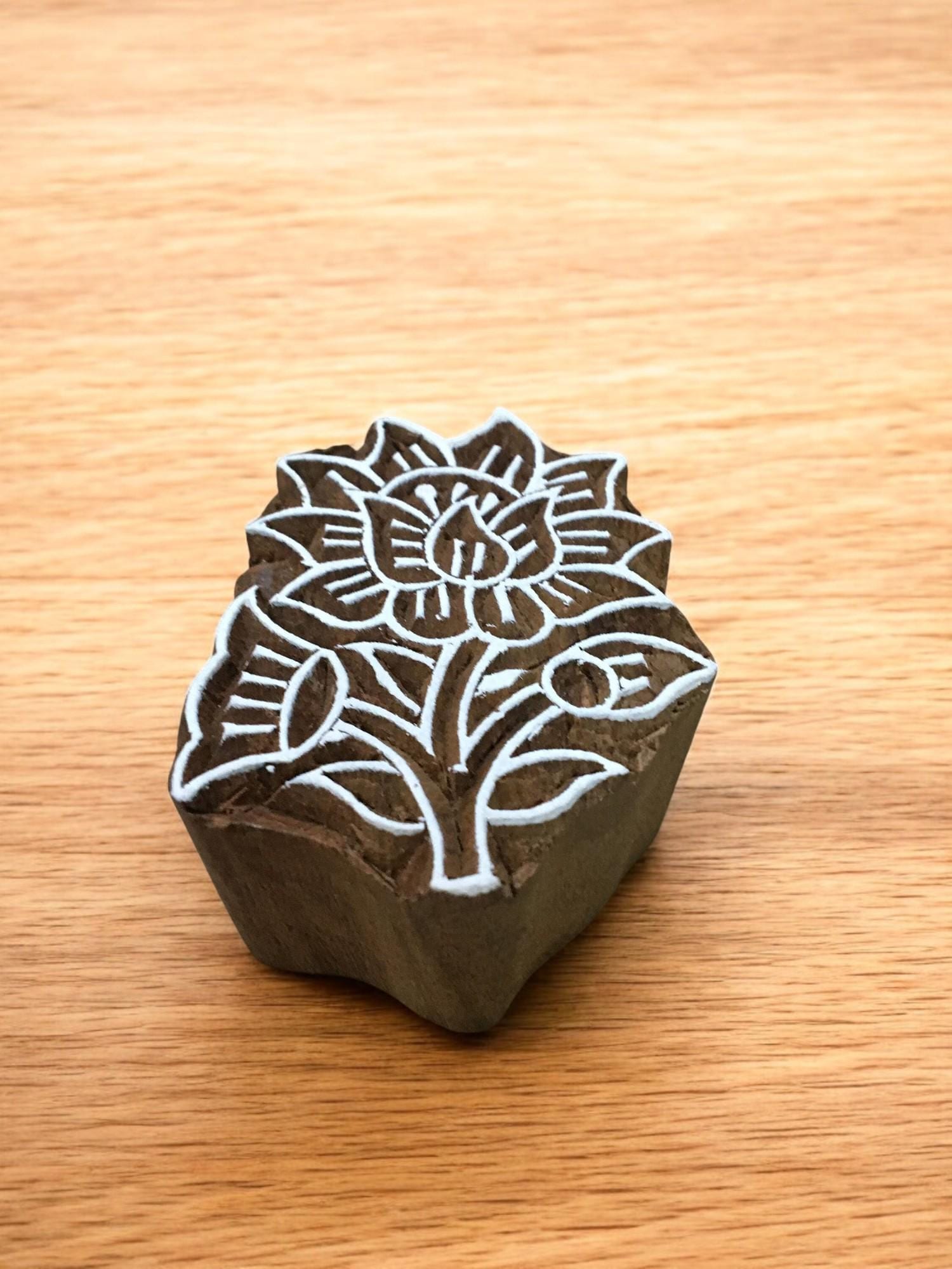 Flower with leaves, hand carved Indian wood printing block; textile stamp; pottery stamp,