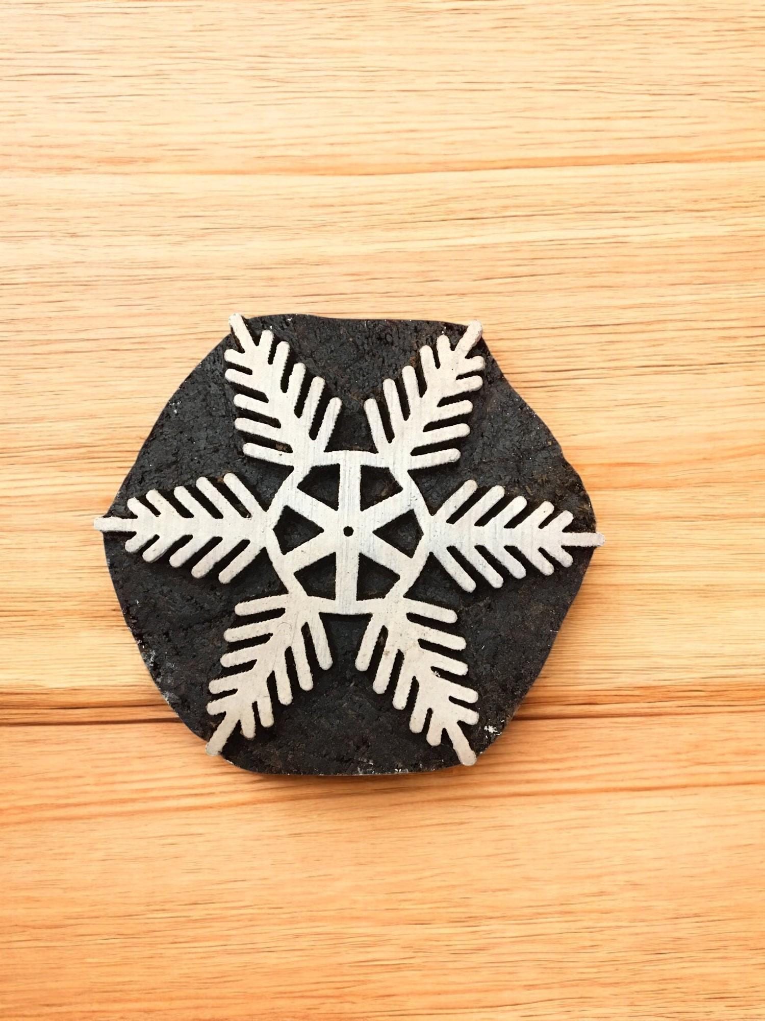 Snowflake Motif Wood Block Stamp Set, Hand Carved Textile Printing, 10 Piece