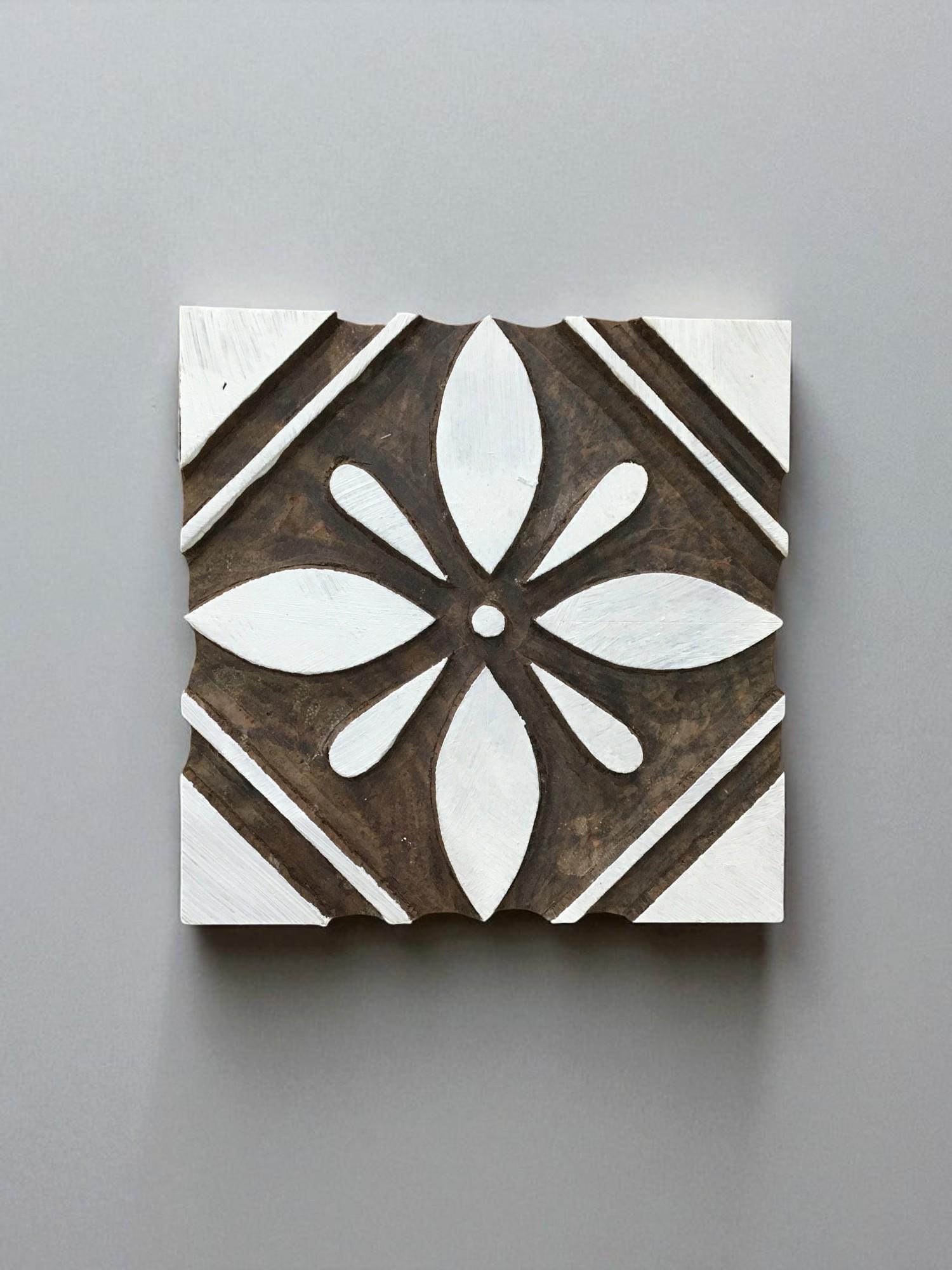 Hand Carved Indian Wood Printing Block: Floral Textile Stamp