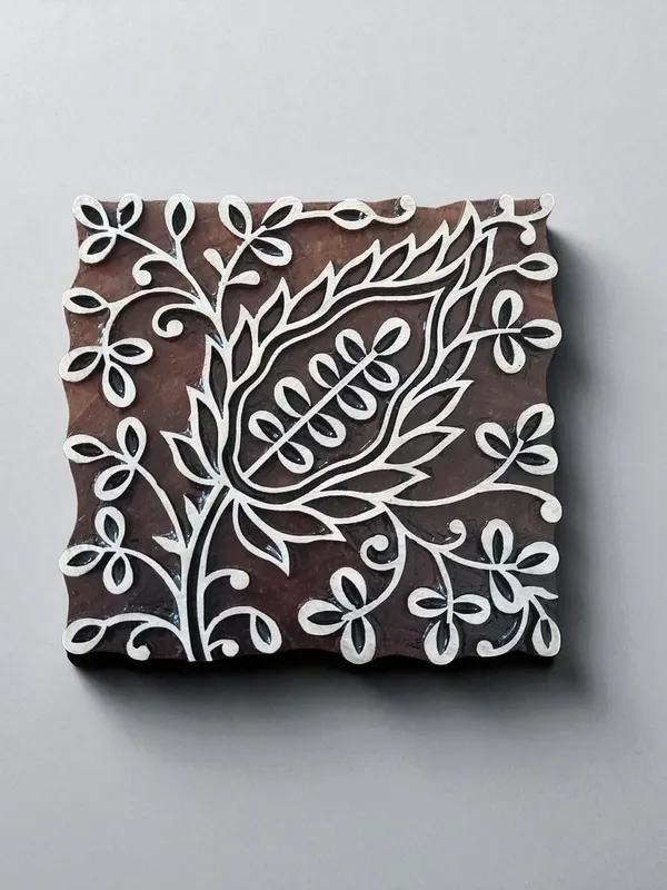 Hand Carved Indian Wood Printing Block, Leaf Design Textile Stamp