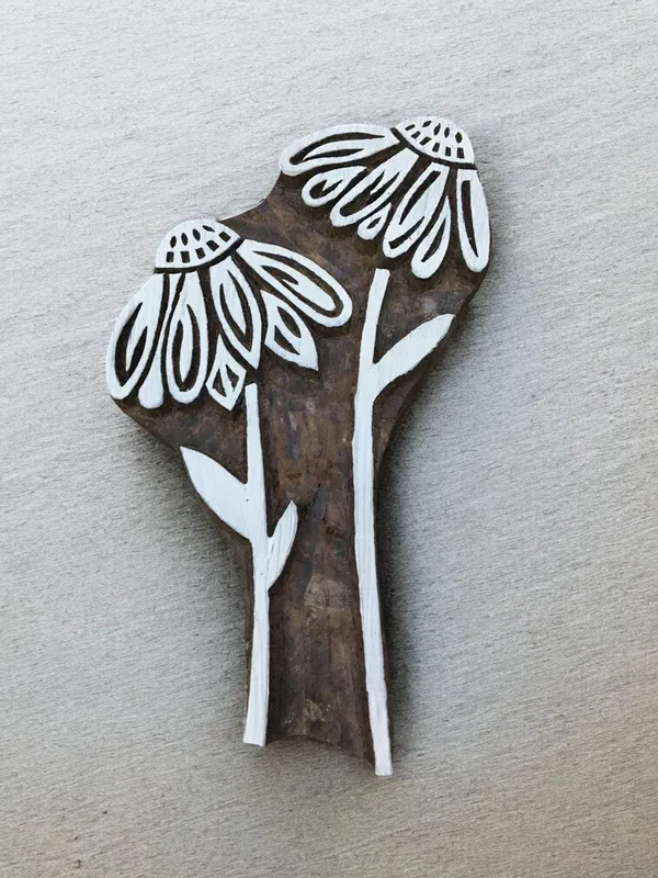 Double Daisy Flower Wooden Printing Block: Hand Carved Indian Stamp