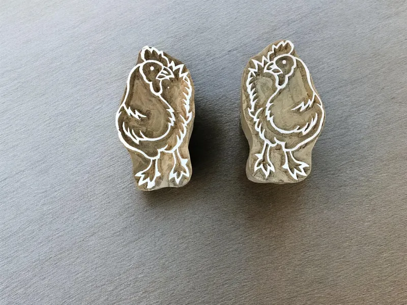 Twin hen 02  hand carved Indian wood printing block; textile stamp; pottery stamp,