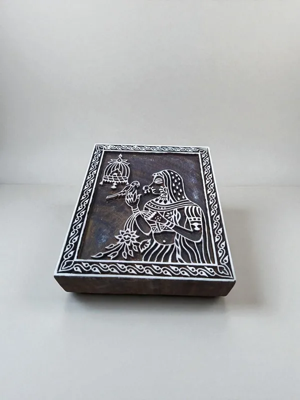 Hand Carved Indian Wood Printing Block, Oriental Lady, Bird Cage