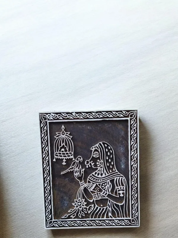 Hand Carved Indian Wood Printing Block, Oriental Lady, Bird Cage