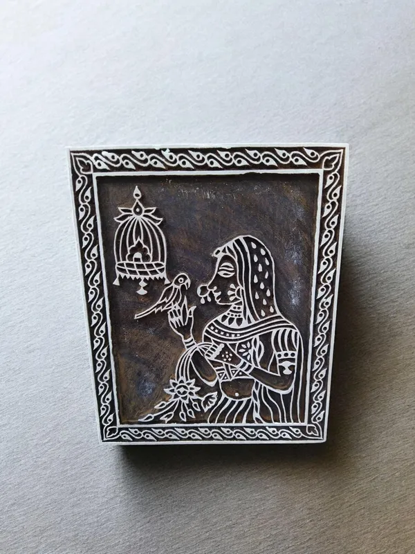 Hand Carved Indian Wood Printing Block, Oriental Lady, Bird Cage