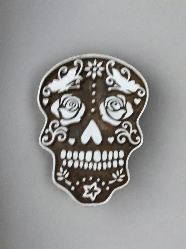 Zentangle skull  hand carved Indian wood printing block; textile stamp; pottery stamp,