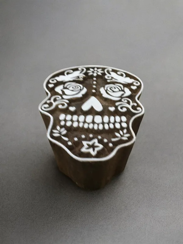 Zentangle skull  hand carved Indian wood printing block; textile stamp; pottery stamp,