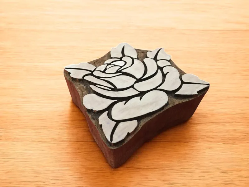 Rose with leaves, hand carved Indian wood printing block; textile stamp; pottery stamp,