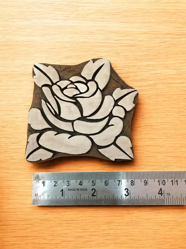Rose with leaves, hand carved Indian wood printing block; textile stamp; pottery stamp,
