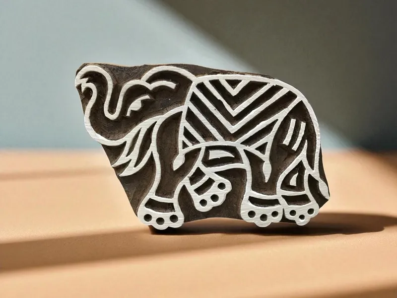 Trunk Up Elephant,  hand carved Indian wood printing block; textile stamp; pottery stamp,