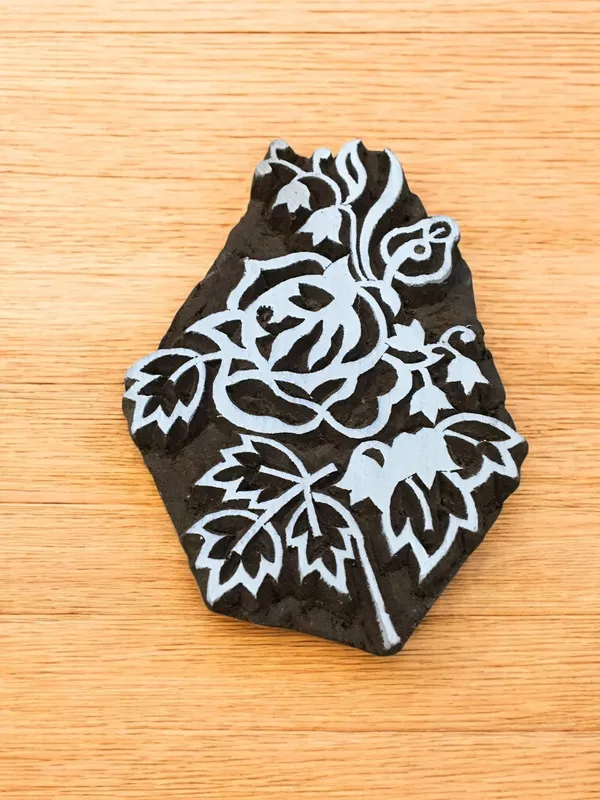 Rose Plant, hand carved Indian wood printing block; textile stamp; pottery stamp,