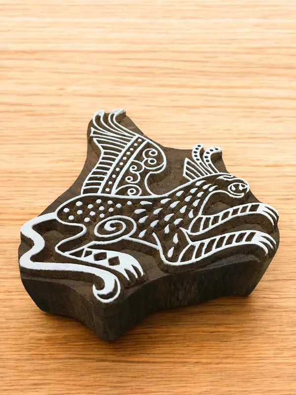 Griffin, hand carved Indian wood printing block; textile stamp; pottery stamp,