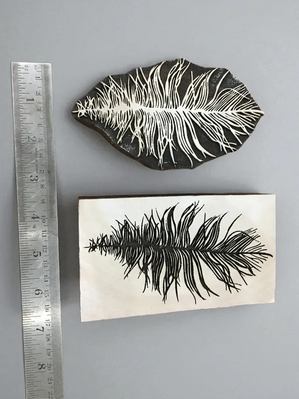 Feather positive & Negative,  hand carved Indian wood printing block; textile stamp; pottery stamp,