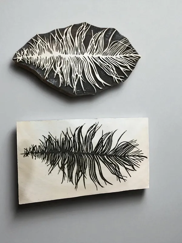 Feather positive & Negative,  hand carved Indian wood printing block; textile stamp; pottery stamp,