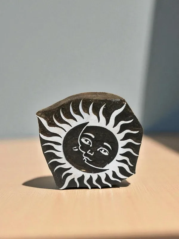 Fair Trade Hand Carved Sun Moon Wooden Printing Block, Indian Textile Stamp
