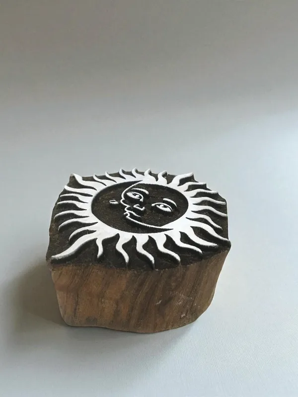 Fair Trade Hand Carved Sun Moon Wooden Printing Block, Indian Textile Stamp