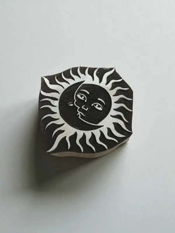 Fair Trade Hand Carved Sun Moon Wooden Printing Block, Indian Textile Stamp