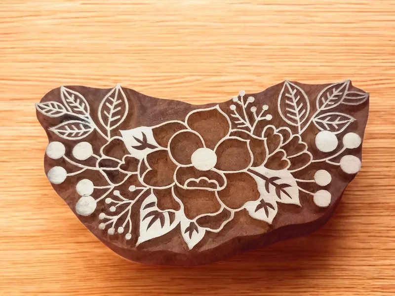 Hand Carved Teak Wood Printing Block, Rose Flower Stamp