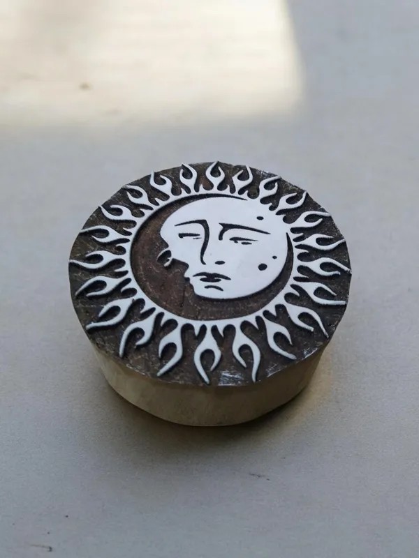 Sun & Moon In Love , hand carved Indian wood printing block; textile stamp; pottery stamp,
